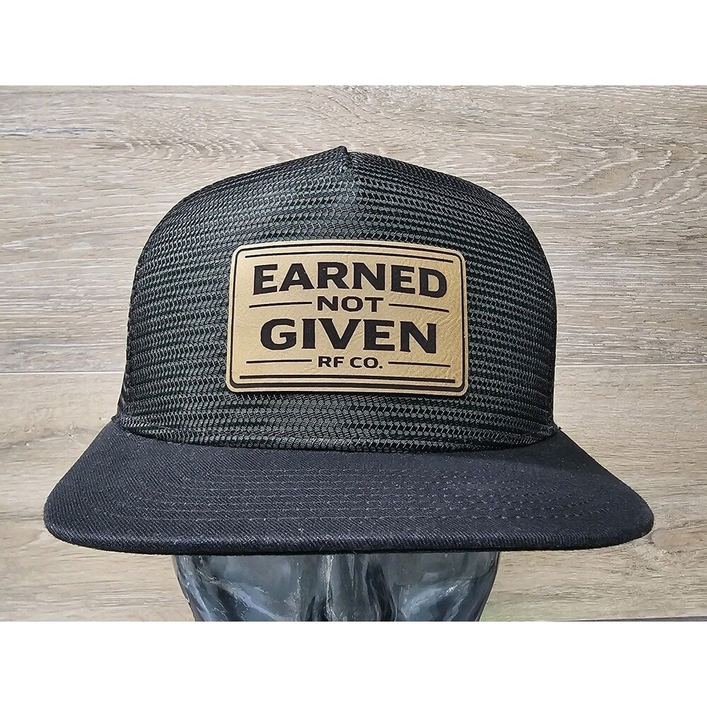 EARNED NOT GIVEN RF CO. Trucker Snapback Hat Cap Black/Dark Green Leather Patch